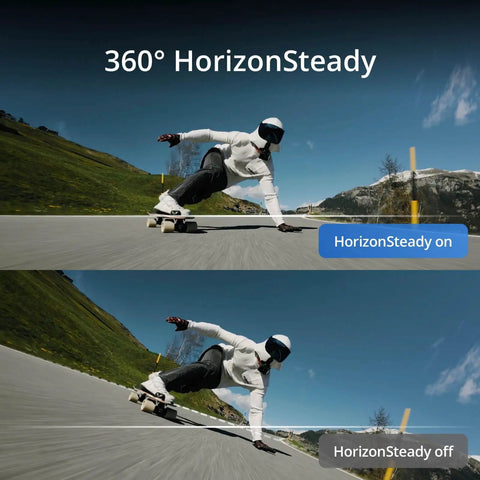 Split image of skateboarder using Osmo Action 4 Waterproof Action Camera Bundle With 4K 120fps, showing HorizonSteady on and off.