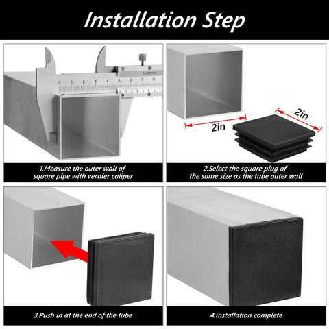 Installation steps for 20 Pack 2 Inch Square Tube End Caps Plastic Plugs For Post, showing measurement and insertion