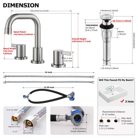 Two Handle Widespread Bathroom Faucet In Brushed Nickel With Metal Pop Up Drain, cUPC Certified, dimensions and features shown.