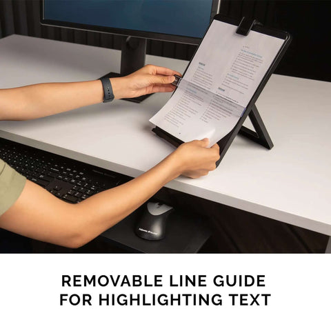 Letter Size Non Magnetic Copyholder With Removable Line Guide And Adjustable Easel Back For Height And Angle, showing use on desk