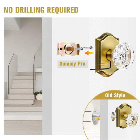 Snag This Crisp Pair Of Clear Glass Dummy Door Knobs In Classic Antique Bronze, Zero Hassle No Drill Surface Mount For Closets And French Doors, Slick Vintage Hardware To Upgrade Your Setup installation guide showcasing clear glass knob with surface mount details.