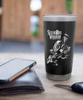 Artist Image Stainless Steel Insulated Tumbler With Dual Wall Insulation, Leak Proof Lid, BPA Free, Keeps Your Coffee Hot Or Ice Cold, Black Finish, Made For Road Trips And Everyday Grabs, Music Fan Approved displayed on table near phone and wallet