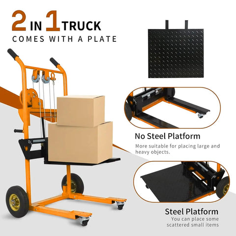 Heavy Duty Winch Stacker And Hand Truck Duo Moving Pallets And Gear Up To Thirty Five Inches High With Smooth Rollers Built For No Sweat Loading On Busy Garages And Tough Job Sites