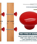 Totally Rad Red Ceramic Cabinet Knobs, 32mm Standard Round Pull Handles For Kitchen Cupboards And Drawers, showing screws and installation.