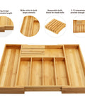 Natural Bamboo Utensil Drawer Organizer Expandable Cutlery Tray With Seven Flexible Slots showing adjustable design and compartments.