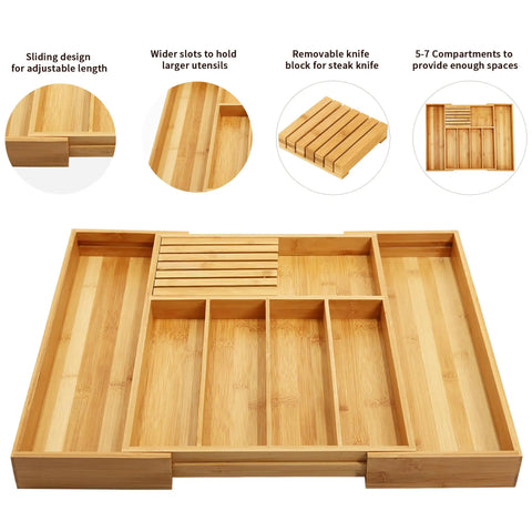 Natural Bamboo Utensil Drawer Organizer Expandable Cutlery Tray With Seven Flexible Slots showing adjustable design and compartments.