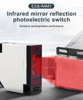 Plug And Play Photoelectric Sensor Switch 12 24V Retroreflective Beam Sensor E3JK R4M1 with reflector showing red beam