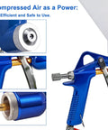 Heavy Duty Air Texture Gun For Drywall And Joint Compound Equipped With Three Swap Out Tips And A Roomy One Point Five Gallon Hopper close-up of spray gun nozzle and handle.