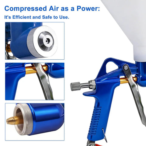 Heavy Duty Air Texture Gun For Drywall And Joint Compound Equipped With Three Swap Out Tips And A Roomy One Point Five Gallon Hopper close-up of spray gun nozzle and handle.