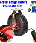 Vacuum design caster with pneumatic tire, focus on inflation valve, suitable for heavy duty tasks.