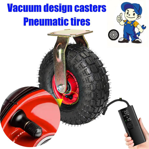 Vacuum design caster with pneumatic tire, focus on inflation valve, suitable for heavy duty tasks.