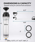 Dimensions and capacity of Sdidzad 500cc Auto Fluid Extractor Manifold Vacuum Oil Suction Syringe with tubes and rings.