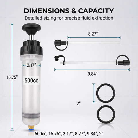 Dimensions and capacity of Sdidzad 500cc Auto Fluid Extractor Manifold Vacuum Oil Suction Syringe with tubes and rings.