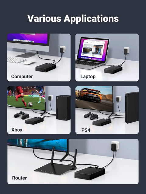 Dope USB 3.0 External Hard Drive Enclosure For 2.5 And 3.5 Inch SATA HDD Or SSD connected to computer, laptop, Xbox, PS4, and router.
