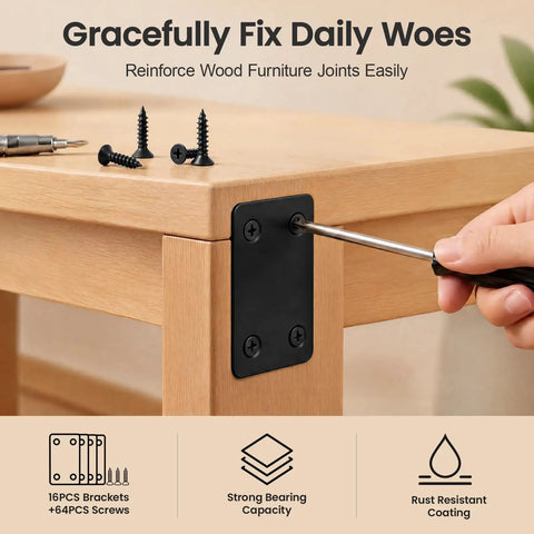 Installing Beefy Black Metal Flat Brace Set 16 Pcs With 64 Stainless Steel Screws on wooden table corner