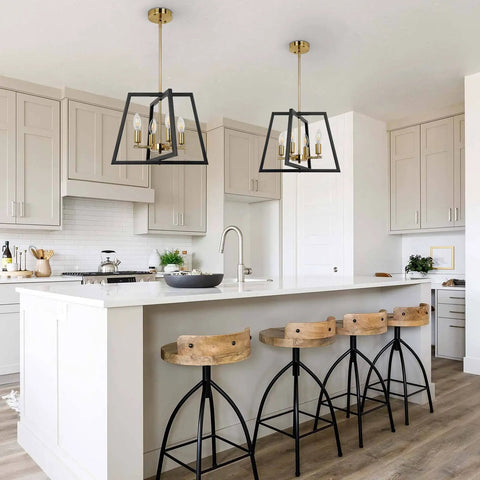 Black Brass Farmhouse Lantern Chandelier 4 Light Pendant With Bird Cage Frame Gold Finish Modern Industrial Foyer Lighting For Kitchen Island Dining Room Entryway Hallway Rustic Vibe over kitchen island