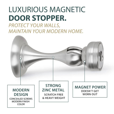 Heavy Duty Magnetic Door Stopper Finished In Sleek Satin Nickel To Lock Doors Wide Open And Nip Nasty Wall Scuffs In The Bud While Blocking Ugly Slap Damage, showcasing a modern design and strong zinc metal.