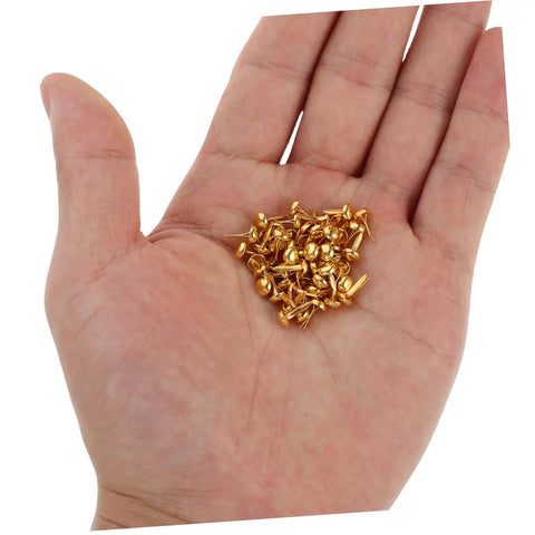 Hand holding golden brads for 200 Pieces Metal Paper Fasteners Brads Set For Paper Crafts And Scrapbooking Decorative Clips Miniature