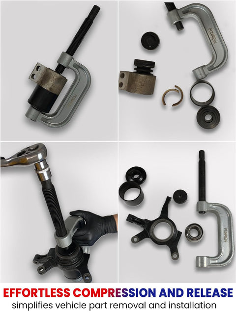 10 Piece Ball Joint Press Kit With U Joint Removal Tool And 4x4 Adapters For Most 2WD And 4WD Vehicles And Light Trucks Fits Dana 30 Or 44 Front Axles On Ford GM Dodge Jeep IHC displayed with tools and adapters