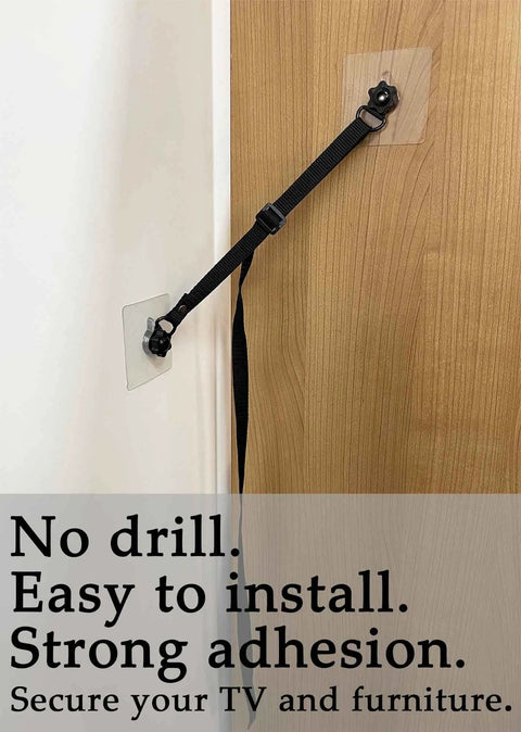Two Pack Adjustable TV Safety Straps No Drill Adhesive Anti Tip Furniture Anchors for baby proofing, shown installed on cabinet.