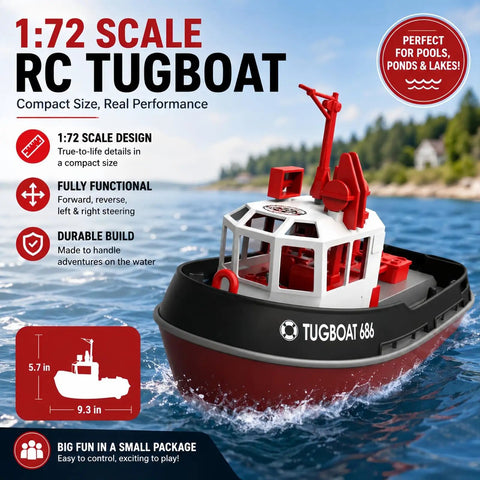 1/72 RC Tugboat For Pools And Lakes With 2.4Ghz Remote High Speed Propulsion LED Lights Low Battery Alarm Easy Steering