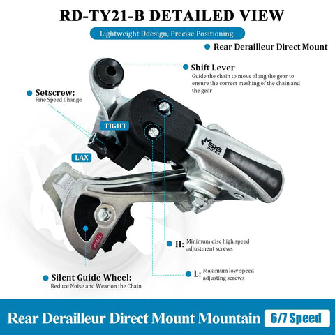 Rear Derailleur RD TY21B Six Seven Speed Direct Mount For Mountain Bikes And Commuter Cruisers, Silver Finish