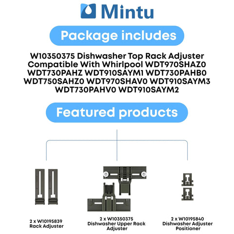 Package of Dishwasher Top Rack Adjuster Replacement Part Universal Fit For Popular Models listed with product diagram