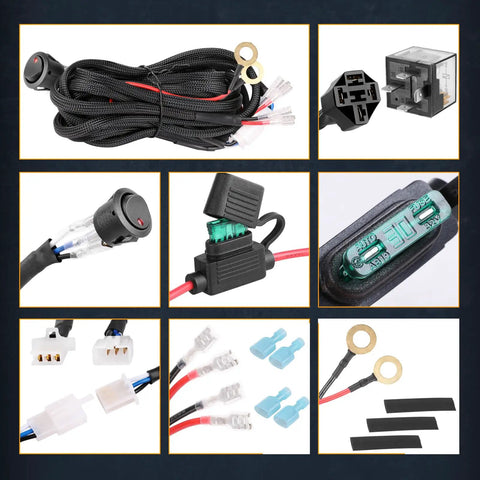 Two Lead Wiring Harness Kit 12V 40A Relay With Nylon Jacket Red Rocker Switch Fuse Mounting Hardware LED Light Bars