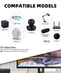 Compatible models for 12V 5A CCTV Camera Power Supply with 8 Way Splitter Cable, featuring various electronics.