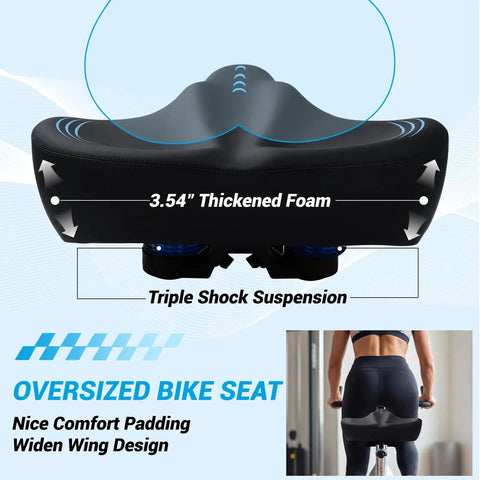 Ultra Wide Oversized Bike Seat Cushion With Comfy Memory Foam For Men And Women Waterproof Universal Saddle Upgrade For Road Mountain City Bikes Ride All Day Pain Free, 3.54-inch thick foam with triple shock suspension