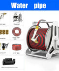 Heavy Duty Wall Mount Hose Reel Cart With Multi Function Spray Gun For Garden Watering And Car Washing Smooth Operator Yard Work Rock Solid Painted Frame Easy Peasy Pvc Hose Quick Connector with red hose and connectors.