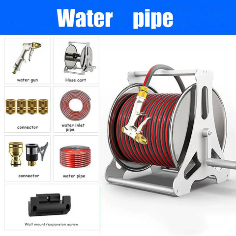 Heavy Duty Wall Mount Hose Reel Cart With Multi Function Spray Gun For Garden Watering And Car Washing Smooth Operator Yard Work Rock Solid Painted Frame Easy Peasy Pvc Hose Quick Connector with red hose and connectors.