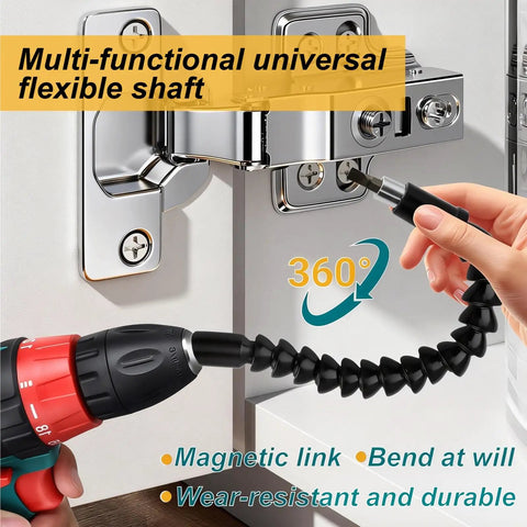 105 Degree Right Angle Drill Adapter Kit with flexible shaft for tight spaces, in use on metal hinge, showing bending capability.