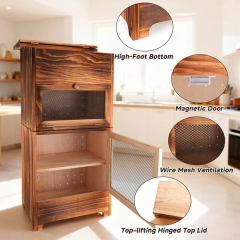 Two In One Wooden Potato And Onion Storage Bin With Lid And Mesh Doors Stackable Bread And Vegetable Cabinet For Kitchen