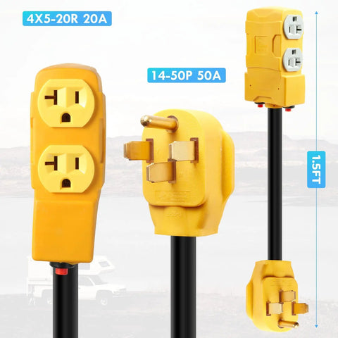 RV Distribution Adapter 50 Amp To 20 Amp 110V NEMA 14 50P To Four 5 20R And 15R outlets, 1.5ft cord, showing plug and outlets.