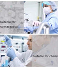 Lab technicians performing tasks in a pharmaceutical and chemistry lab setting with safety gear and equipment.