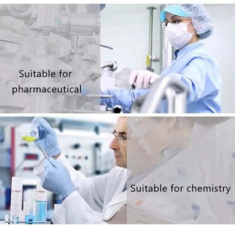 Lab technicians performing tasks in a pharmaceutical and chemistry lab setting with safety gear and equipment.