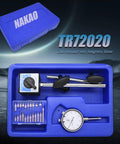 NAKAO blue case dial indicator with magnetic base; long-arm gauge and precision tips set.