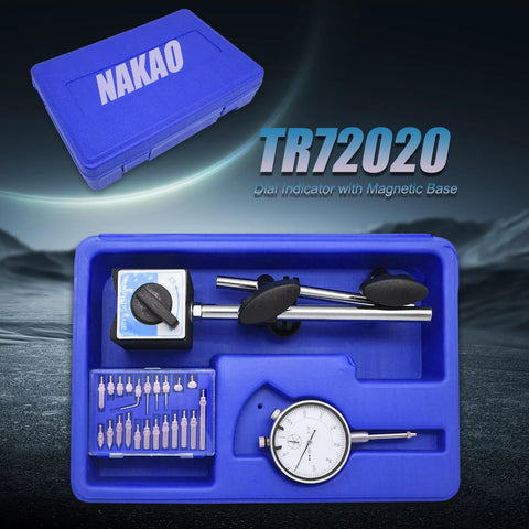 NAKAO blue case dial indicator with magnetic base; long-arm gauge and precision tips set.