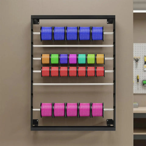 Six Rod Wall Mounted Wire Spool Rack With Adjustable Spacing Built Badass Tough For Garage Or Shop No Sweat Cable Management System, displaying colorful wire spools.