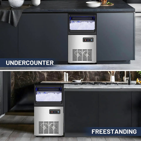 Nugget Ice Maker Machine With 100 Lbs Per Day Output, Stainless Steel Under Counter Ice Machine With 25 Lbs Storage Capacity, installed in kitchen