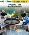 Heavy Duty 18.5 Inch Carbon Steel Fire Pit Screen Spark Protector on round stone fire pit with people seated nearby