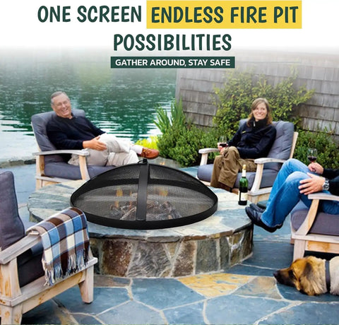 Heavy Duty 18.5 Inch Carbon Steel Fire Pit Screen Spark Protector on round stone fire pit with people seated nearby