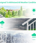 Built Tough Three Step White Metal Handrail For Outdoor Steps And Landings Featuring Solid Iron Frame, shown in sun, rain, and snow.
