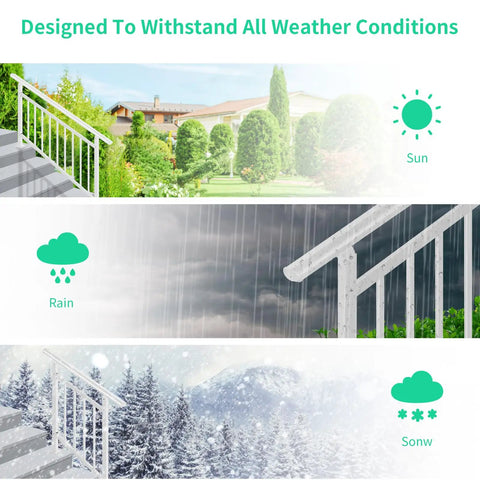Built Tough Three Step White Metal Handrail For Outdoor Steps And Landings Featuring Solid Iron Frame, shown in sun, rain, and snow.