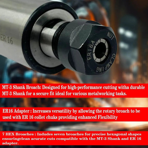 MT3 Rotary Broach Tool Holder Kit With ER16 Adapter And 7 Hex Imperial Broaches, close-up of ER16 Adapter, non wobble design