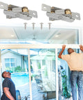 Heavy Duty Sliding Window Roller With Dual Copper Wheels And Stainless Steel Construction For Effortless Patio Door Slide No Sweat To Replace And Built Like A Tank installed above a glass door.