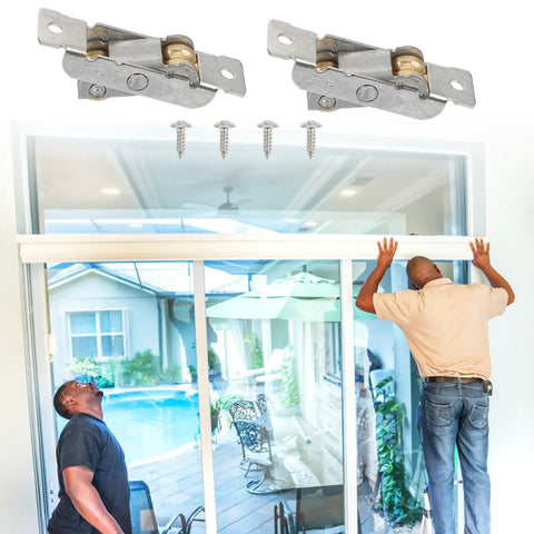 Heavy Duty Sliding Window Roller With Dual Copper Wheels And Stainless Steel Construction For Effortless Patio Door Slide No Sweat To Replace And Built Like A Tank installed above a glass door.
