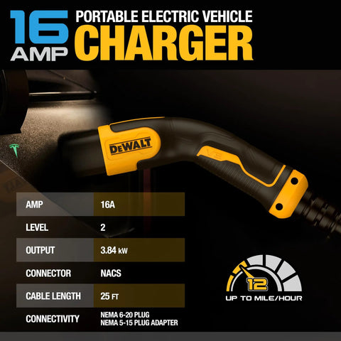 On The Go Portable EV Charger For Tesla Level 1 And 2, 12 To 16 Amp, 25 Ft Cable with 16 Amp Level 2 output, NEMA plug details.