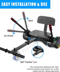Seat Attachment For 6.5 Inch Self Balancing Scooters Go Kart With Bluetooth And LED Lights, showing assembly instructions